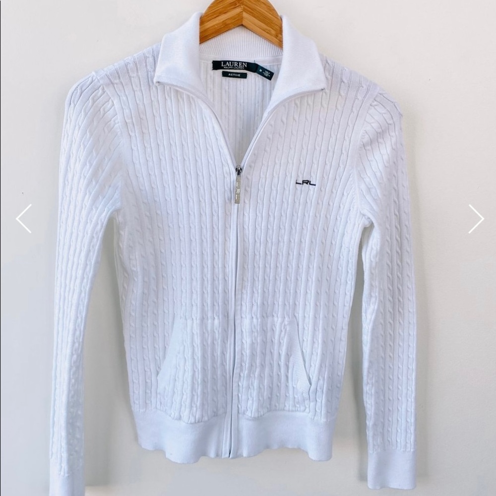 Ralph Lauren Vintage White Cable Knit Zip-Up / M